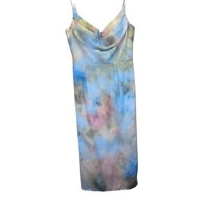 Azazie Atelier Midi Dress US 10 Watercolor Pleated Spaghetti Strap Y2K Ethereal